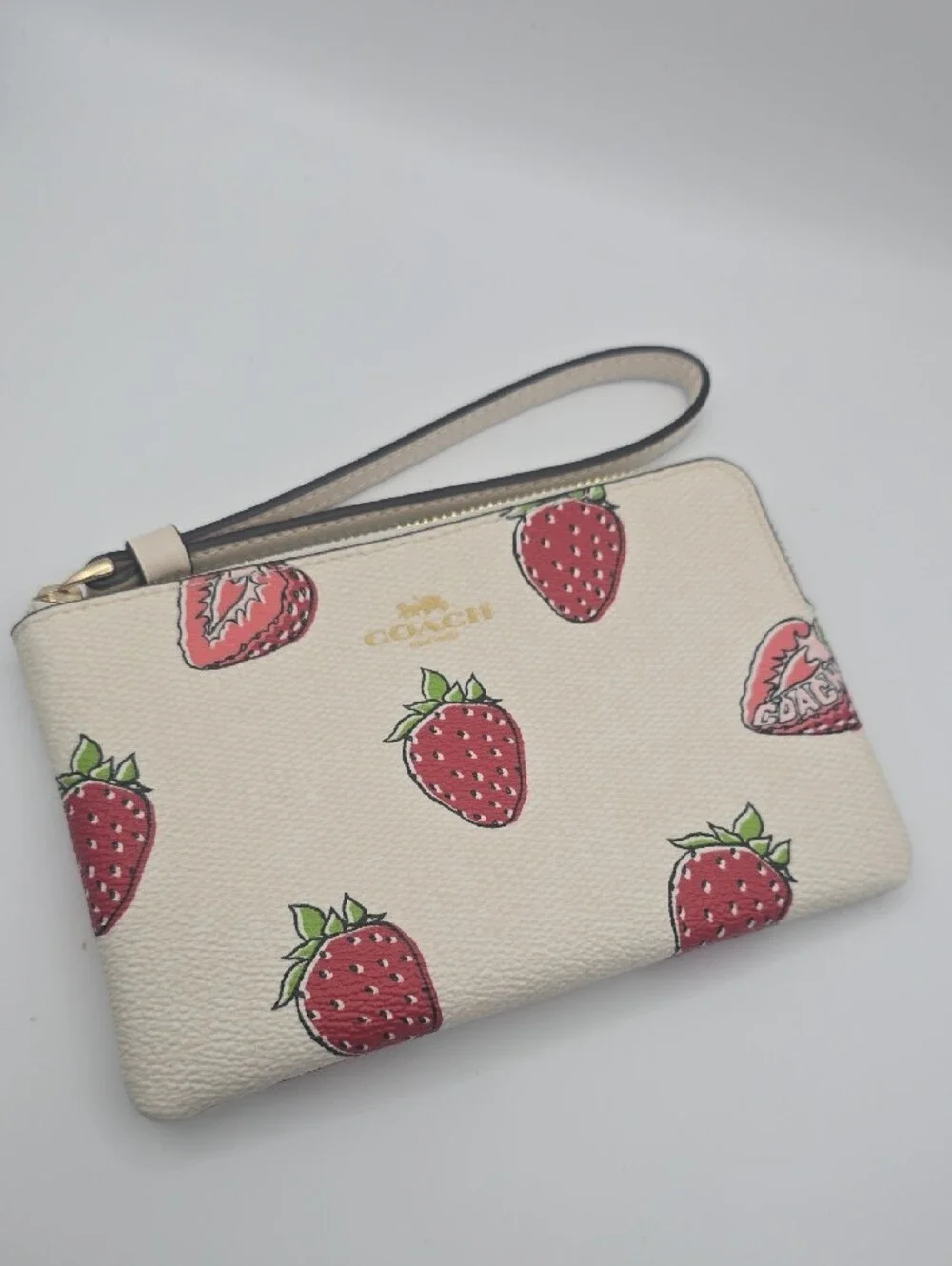 Coach Cream Strawberry Print Wristlet
